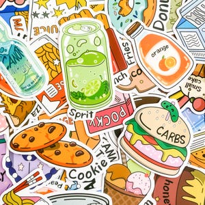 100 autocollants mignons pour collations, autocollants pour aliments et boissons, lot d'autocollants Kawaii imperméables, autocollants pour bouteilles d'eau ou journaux