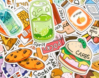 50pcs Cute Food Snack Stickers, Food & Drink Stickers, Waterproof Kawaii Stickers Pack, Stickers for Water Bottles or Journals