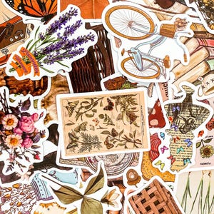 Puede incluir: Una colecci&oacute;n de pegatinas de estilo vintage con dise&ntilde;os florales, mariposas, una bicicleta e ilustraciones bot&aacute;nicas. Las pegatinas est&aacute;n impresas en papel blanco con un acabado mate.
