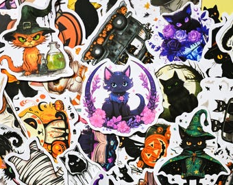 50pcs Black Cat Stickers, Halloween Stickers for Decoration, Cat Stickers Pack, Waterproof Cute Stickers for Kindle Laptop, Vinyl Stickers