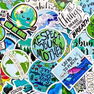 May include: A collection of colorful stickers with environmental themes. Designs include the Earth, ocean life, and phrases like "Keep Me Cool," "Respect Your Mother," and "Say No To Plastic." The stickers are round and rectangular.
