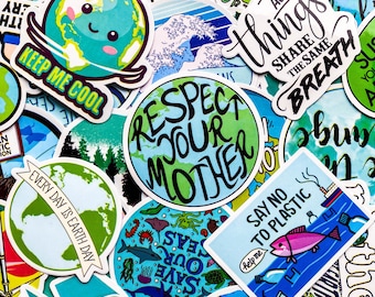 50PCS Save Earth Stickers Pack, Green Botanical Stickers, Ocean Wildlife Stickers, Fresh Eco Graffiti Sticker for Notebook, Suitcase, Laptop