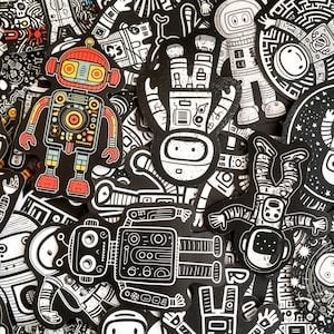 100 stuks kosmische robotstickers, futuristische stickers, zwart-witte robotstickers, sci-fi spacepack, waterdichte dagboekstickers