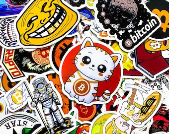 Confezione da 50 adesivi graffiti sulle criptovalute, adesivi meme Bitcoin retrò, adesivi blockchain a cartoni animati per laptop, custodie per telefoni, bagagli