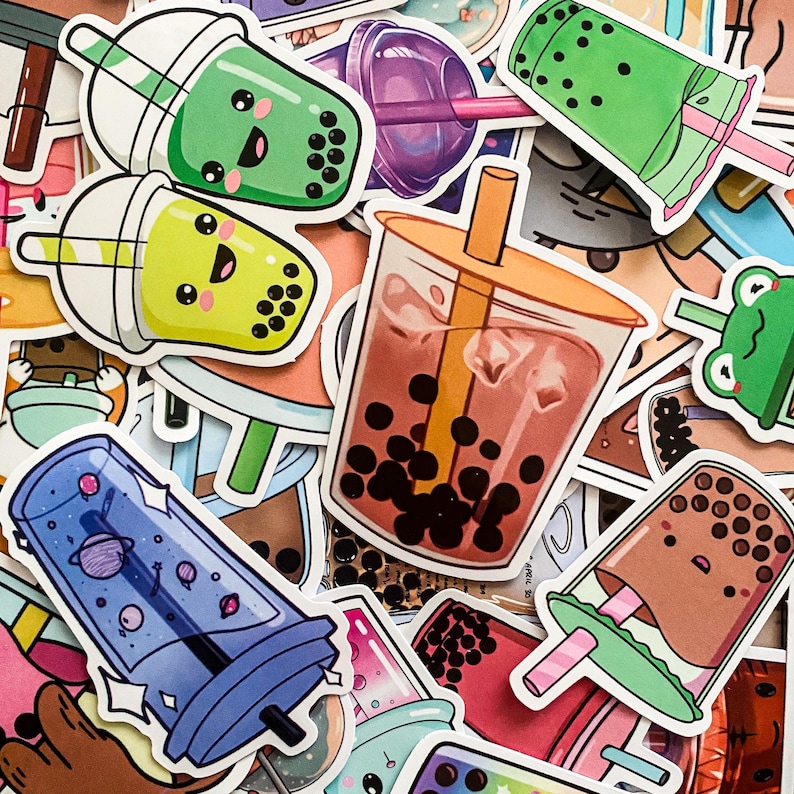 May include: A collection of colorful bubble tea stickers featuring various designs, including cartoon characters, boba pearls, and different types of bubble tea drinks.