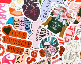 50pcs Self Love & Self Care Sticker Pack, Positivity Stickers, Floral Motivational Quotes Sticker, Colorful Stickers for Diary, Notebooks