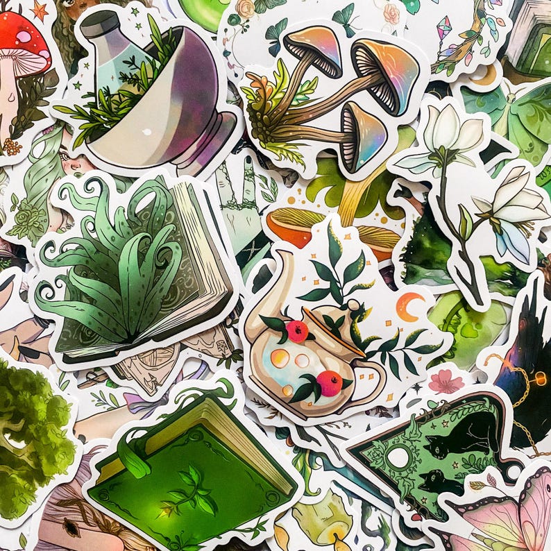 May include: A collection of colorful stickers featuring whimsical illustrations of plants, mushrooms, teapots, and books. The stickers are perfect for adding a touch of whimsy to journals, laptops, or water bottles.