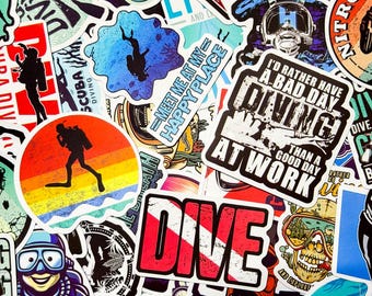 50PCS Ocean Scuba Adventure Stickers Pack, Marine Diving Stickers, Scuba Gear Designs Stickers for Laptop, Phone Case, Tumbler, Suitcase