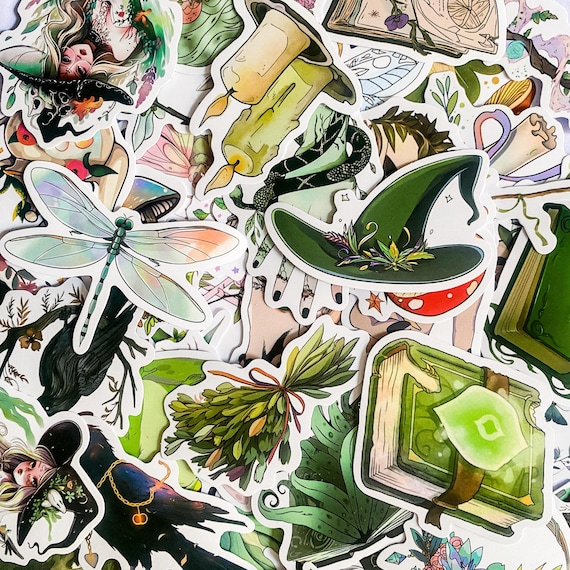50pcs Witchcraft Stickers, Nature-Themed Stickers, Gothic Aesthetic Stickers, Magical Green Stickers, Decorative Waterproof Stickers