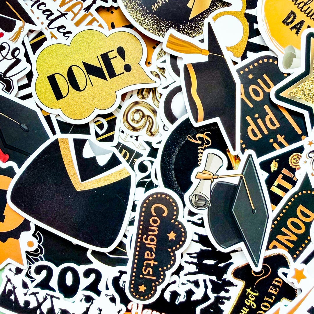 50PCS Class of 2026 Stickers Pack, Chic Black Gold Grad Stickers ...