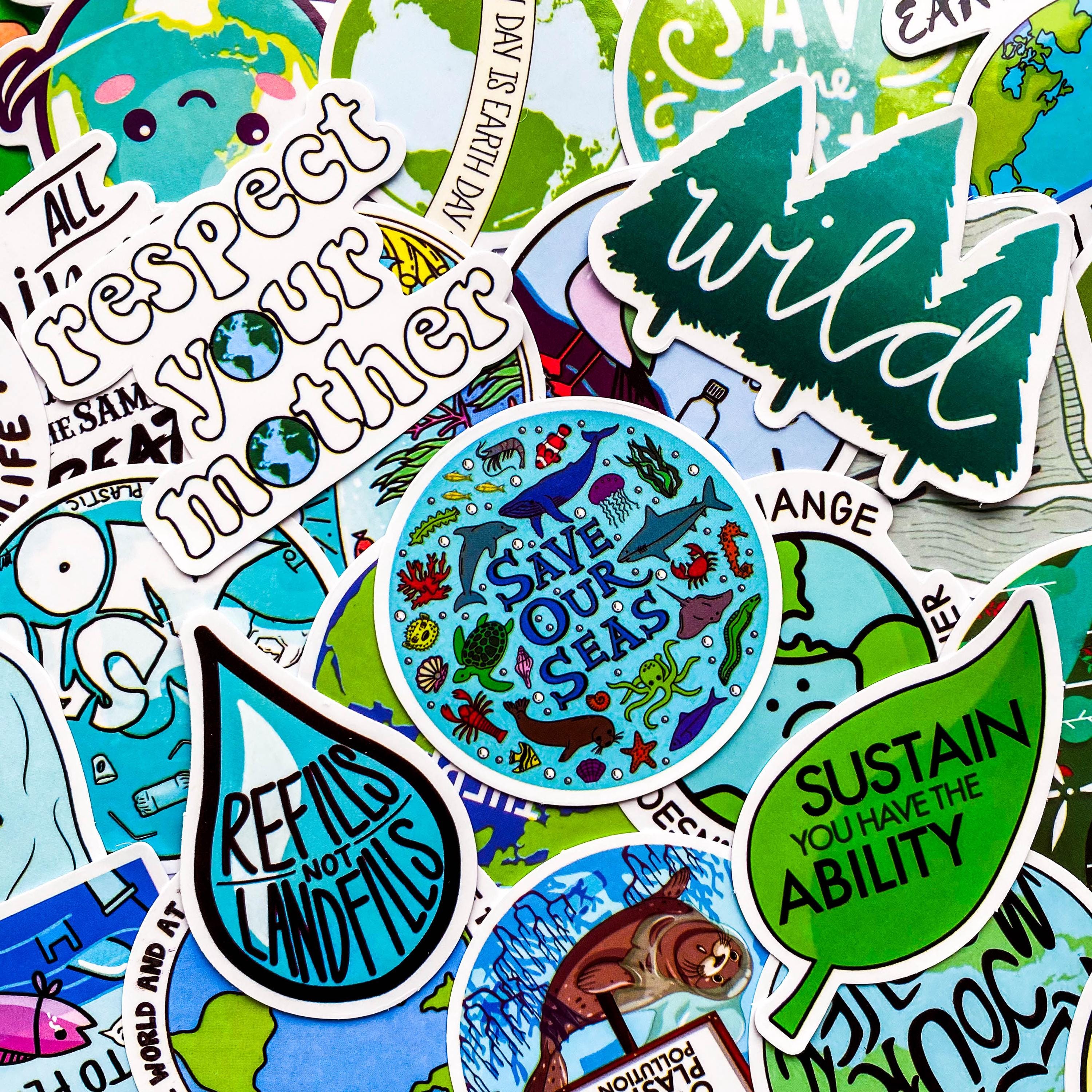 50PCS Save Earth Stickers Pack, Green Botanical Stickers, Ocean ...
