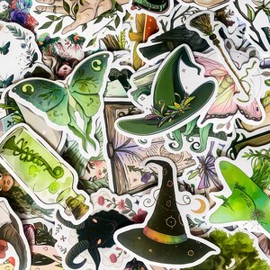 May include: A collection of colorful stickers featuring whimsical illustrations of witches, butterflies, potions, and other magical elements. The stickers are perfect for adding a touch of whimsy to journals, laptops, water bottles, and more.