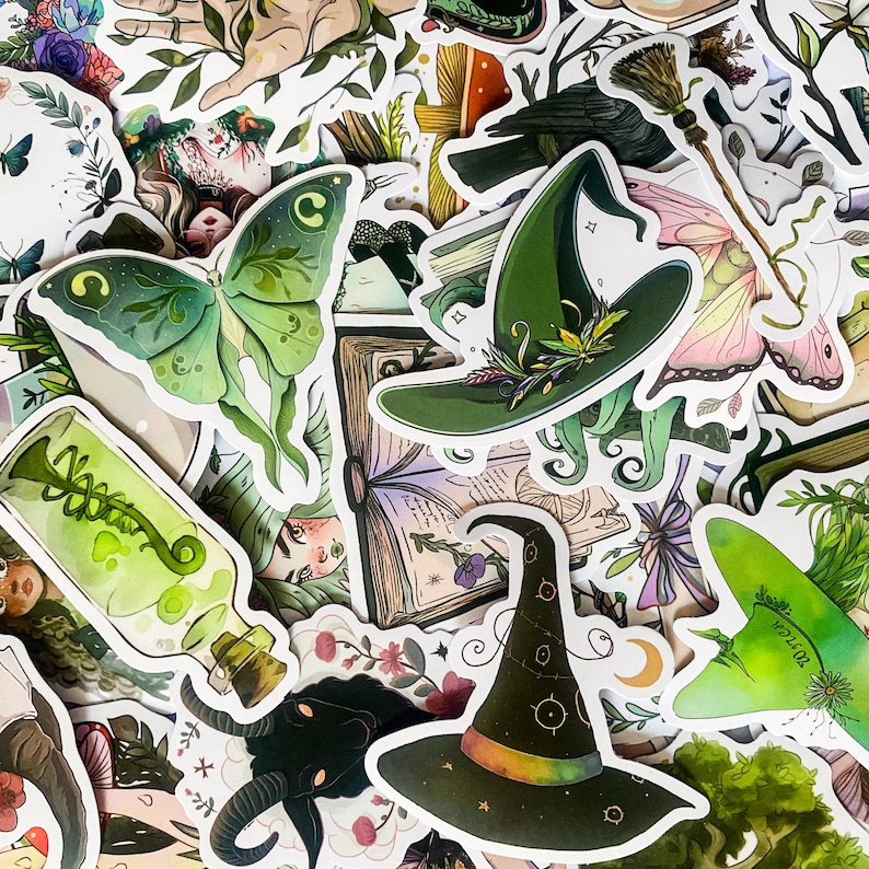 May include: A collection of colorful stickers featuring whimsical illustrations of witches, butterflies, potions, and other magical elements. The stickers are perfect for adding a touch of whimsy to journals, laptops, water bottles, and more.