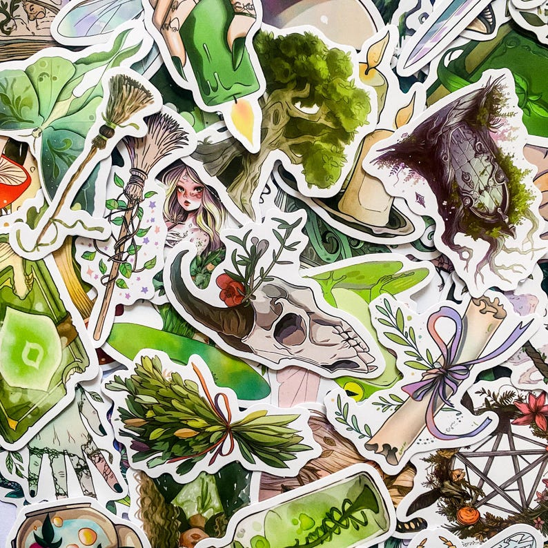 May include: A collection of colorful stickers featuring whimsical illustrations of nature, including a skull with flowers, a green potion bottle, a witch's broom, and a green candle. The stickers are perfect for adding a touch of magic to journals, laptops, and other surfaces.