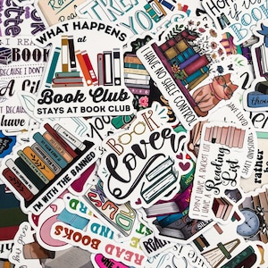 May include: A selection of vibrant stickers with bookish designs. The stickers display phrases such as "Book Club," "Book Lover," and "I Have No Shelf Control." Images of books, cats, and reading lists are also included.