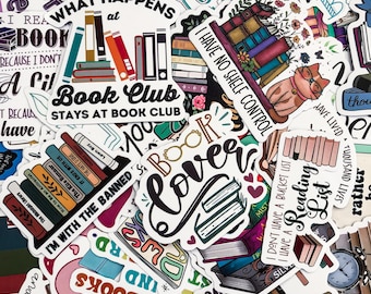May include: A collection of colorful stickers with book-related themes. The stickers feature text like "Book Club," "Book Lover," and "I Have No Shelf Control." Images of books, cats, and reading lists are also present.