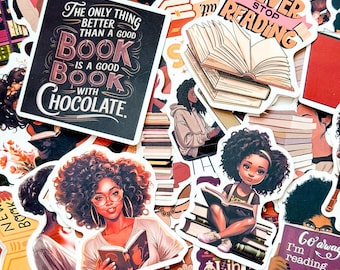 Paquete de 50 pegatinas acogedoras para leer, pegatinas de libros para chicas negras, pegatinas con estética literaria, pegatinas de lectores diversos para álbumes de recortes y botellas de agua.