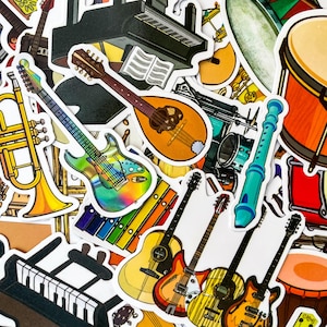 100 stuks muziekinstrumentstickers, gitaar- en drumstickers, waterdichte stickers voor laptop, scrapbooking, stickers waterfles