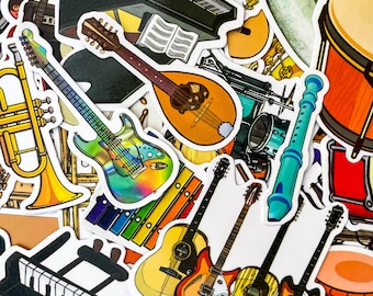 50pcs Musical Instrument Stickers, Guitar and Drum Stickers, Waterproof Stickers for Laptop, Scrapbooking, Water Bottle Stickers