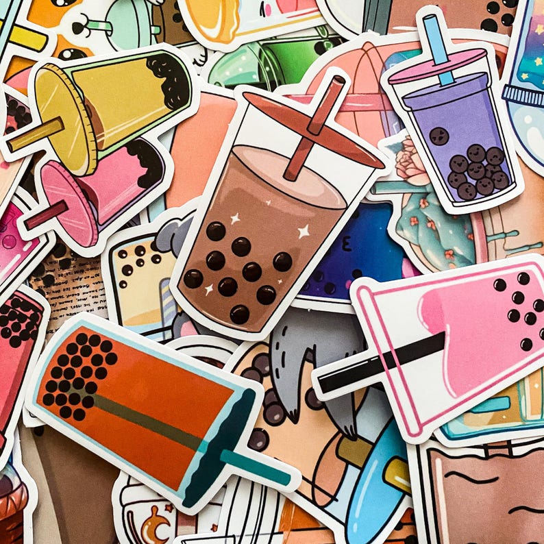 May include: A collection of colorful bubble tea stickers featuring various designs, including brown, pink, and purple cups with boba pearls, straws, and other cute details.