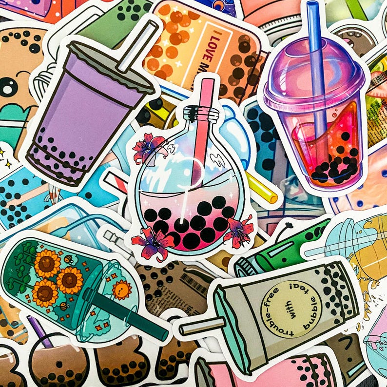 50pcs Bubble Tea Sticker Pack, Kawaii Beverag Stickers, Kawaii Boba ...