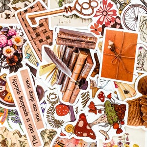 Puede incluir: Una colecci&oacute;n de pegatinas de estilo vintage con varios dise&ntilde;os, que incluyen una pila de libros, una llave, una flor, un hongo y una cita que dice "La lluvia habla en silencio, puedes dormir ahora."