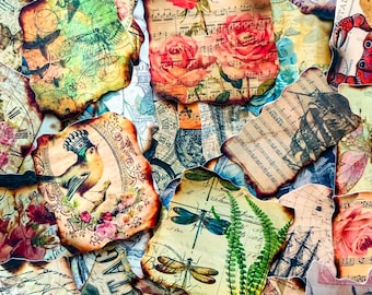 Paquete de 50 pegatinas con borde quemado, pegatinas de collage de efímeros vintage, pegatinas de fragmentos de papel envejecido para cuadernos, equipaje y cajas de almacenamiento.