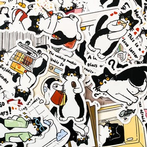 100pcs Funny Cat Stickers, Adorable Black and White Cat Stickers, Waterproof Kitty Stickers for Scrapbooking, Laptop, Water Bottle