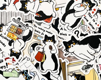 50pcs Funny Cat Stickers, Adorable Black and White Cat Stickers, Waterproof Kitty Stickers for Scrapbooking, Laptop, Water Bottle
