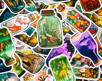 50pcs Random Hand-Drawn Bottle Vinyl Stickers Pack, Waterproof Aesthetic Stickers for Water Bottle, Laptop, Fantasy and Nature Sticker Pack