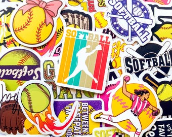 50PCS Athletic Softball Stickers Pack, Cartoon Game Day Stickers, Bright Sports Style Stickers for Phone Case, Scrapbook, Water Bottle