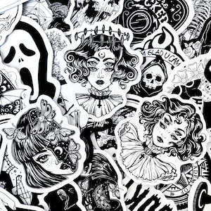 100pcs Gothic Stickers Pack, Black and White Goth Aesthetic Witchy Stickers, Skeleton Stickers, Waterproof Gothic  Journaling Stickers