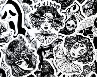 50pcs Gothic Stickers Pack, Black and White Goth Aesthetic Witchy Stickers, Skeleton Stickers, Waterproof Gothic  Journaling Stickers