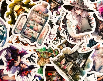 50pcs Witchy Vinyl Stickers, Black Cat Stickers, Gothic Potion Designs, Fantasy Waterproof Pack, Aesthetic Journaling Stickers