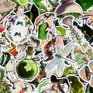 May include: A collection of green and white stickers featuring various whimsical designs, including a dragonfly, a bottle of potion, a witch's hat, and a candle. The stickers are perfect for adding a touch of magic to journals, laptops, or water bottles.