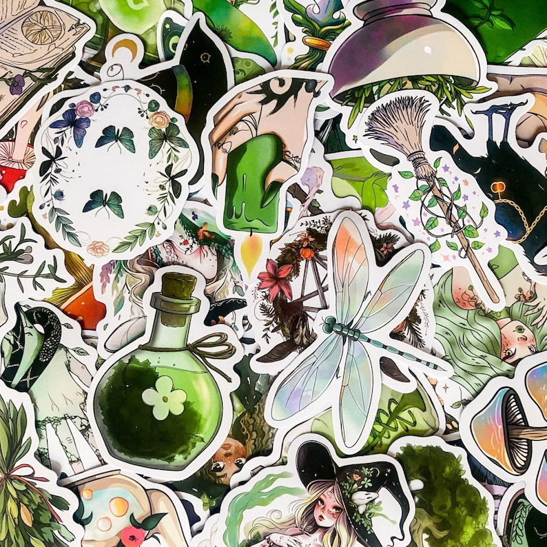 May include: A collection of green and white stickers featuring various whimsical designs, including a dragonfly, a bottle of potion, a witch's hat, and a candle. The stickers are perfect for adding a touch of magic to journals, laptops, or water bottles.