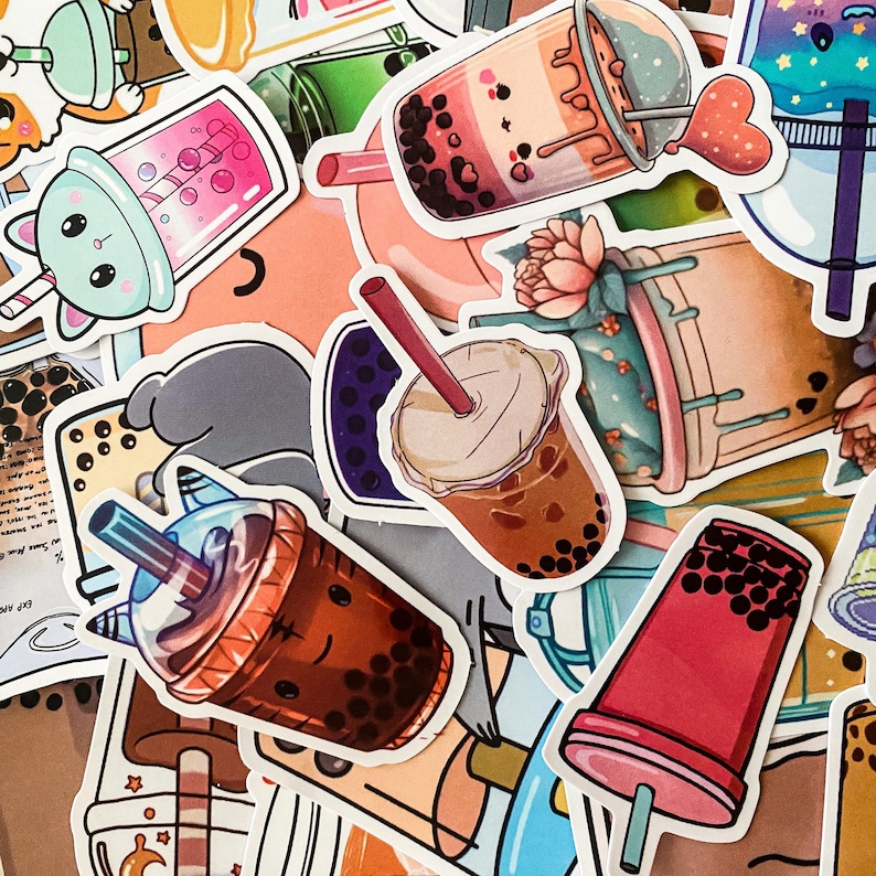 May include: A collection of colorful stickers featuring cartoon illustrations of bubble tea drinks. The stickers are in various shapes and sizes, with some featuring cute faces and others with simple designs. The stickers are perfect for adding a touch of whimsy to laptops, water bottles, or journals.