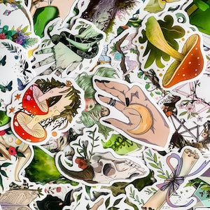 May include: A collection of colorful stickers featuring whimsical illustrations of mushrooms, hands, skulls, and other nature-inspired designs. The stickers are perfect for adding a touch of whimsy to journals, laptops, water bottles, and more.