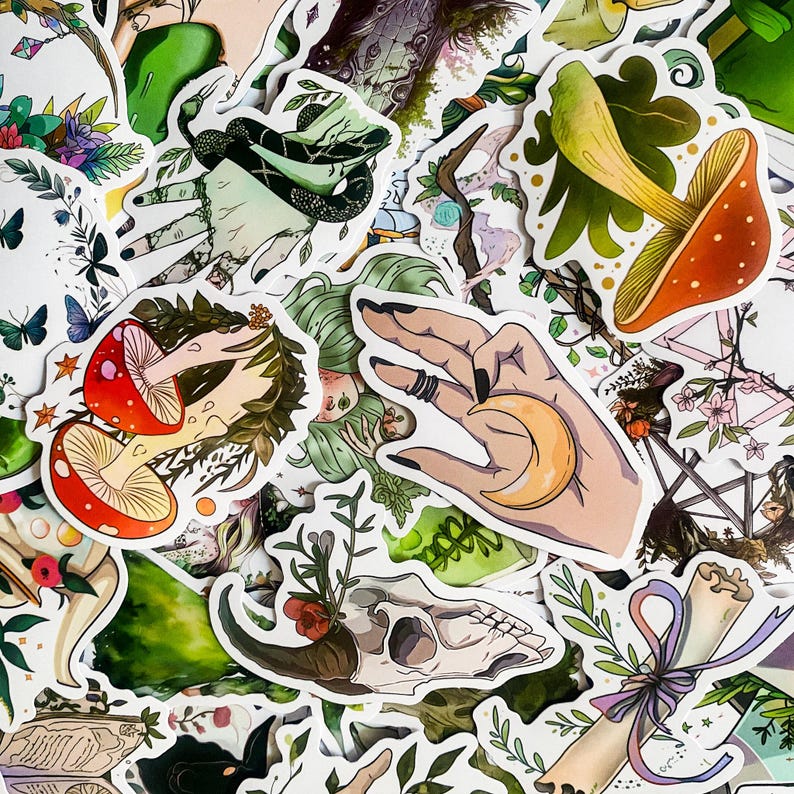 May include: A collection of colorful stickers featuring whimsical illustrations of mushrooms, hands, skulls, and other nature-inspired designs. The stickers are perfect for adding a touch of whimsy to journals, laptops, water bottles, and more.