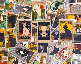 50 stuks willekeurige tarotkatstickers voor Kindle - mystieke katachtige tarotkaarten, astrologische katstickers voor laptop, tijdschriften, vintage stickers