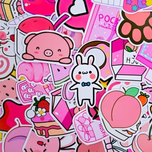 100pcs Cute Pink Stickers Pack, Kawaii Strawberry and Bunny Waterproof Stickers for Laptop, Bottle, Scrapbooking, Pastel Pink Stickers Set