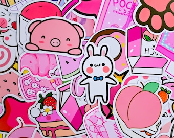 Confezione da 50 adesivi rosa carini, adesivi impermeabili kawaii a forma di fragola e coniglietto per laptop, bottiglie, scrapbooking, set di adesivi rosa pastello