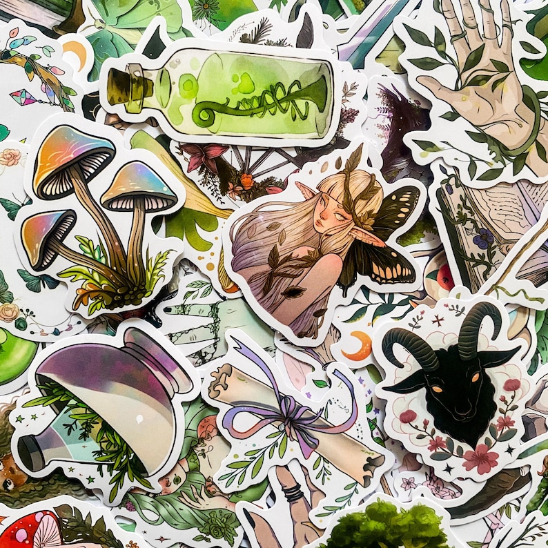 May include: A collection of colorful stickers featuring whimsical illustrations of mushrooms, a potion bottle, a fairy, a scroll, a goat, and a hand with leaves. The stickers are perfect for adding a touch of magic to journals, laptops, water bottles, and more.
