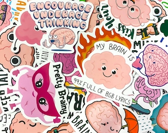 50pcs Cute Pun Stickers, Brain Illustration Stickers, Waterproof Mental Health Stickers, Punny Stickers, Quirky Brain Pack
