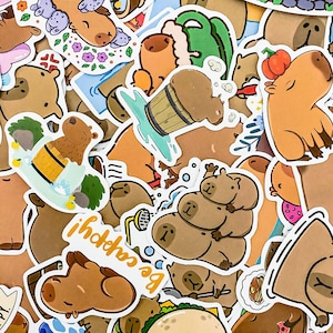 May include: A collection of colorful stickers featuring cartoon capybaras in various poses and activities. The stickers are printed on white paper and have a glossy finish. Some of the stickers feature the text "Be Capybara" and "ihohho".