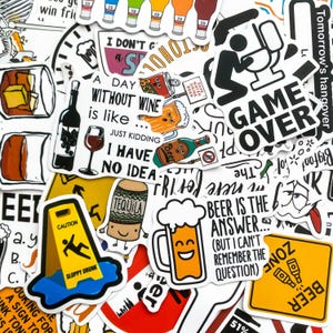 100 Stickers bière, Stickers boissons humoristiques, Stickers bar, Stickers bouteilles d'eau, Stickers fête, Pack d'autocollants alcoolisés pour s'amuser