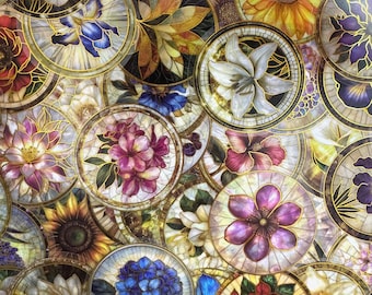 Paquete de 50 pegatinas florales con efecto vidriera, pegatinas elegantes, pegatinas transparentes, pegatinas doradas, pegatinas de PET para diarios, vasos y fundas de teléfono.