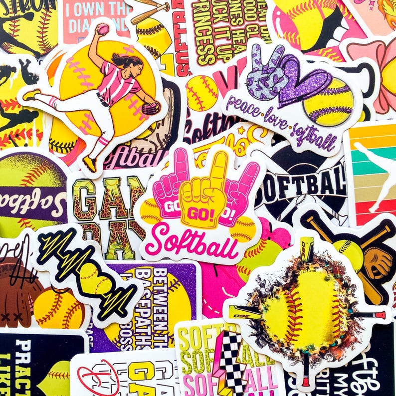 Sofball Ribbon Sticker 50PCS Athletic Softball Stickers Pack, Cartoon Game Day Stickers ...