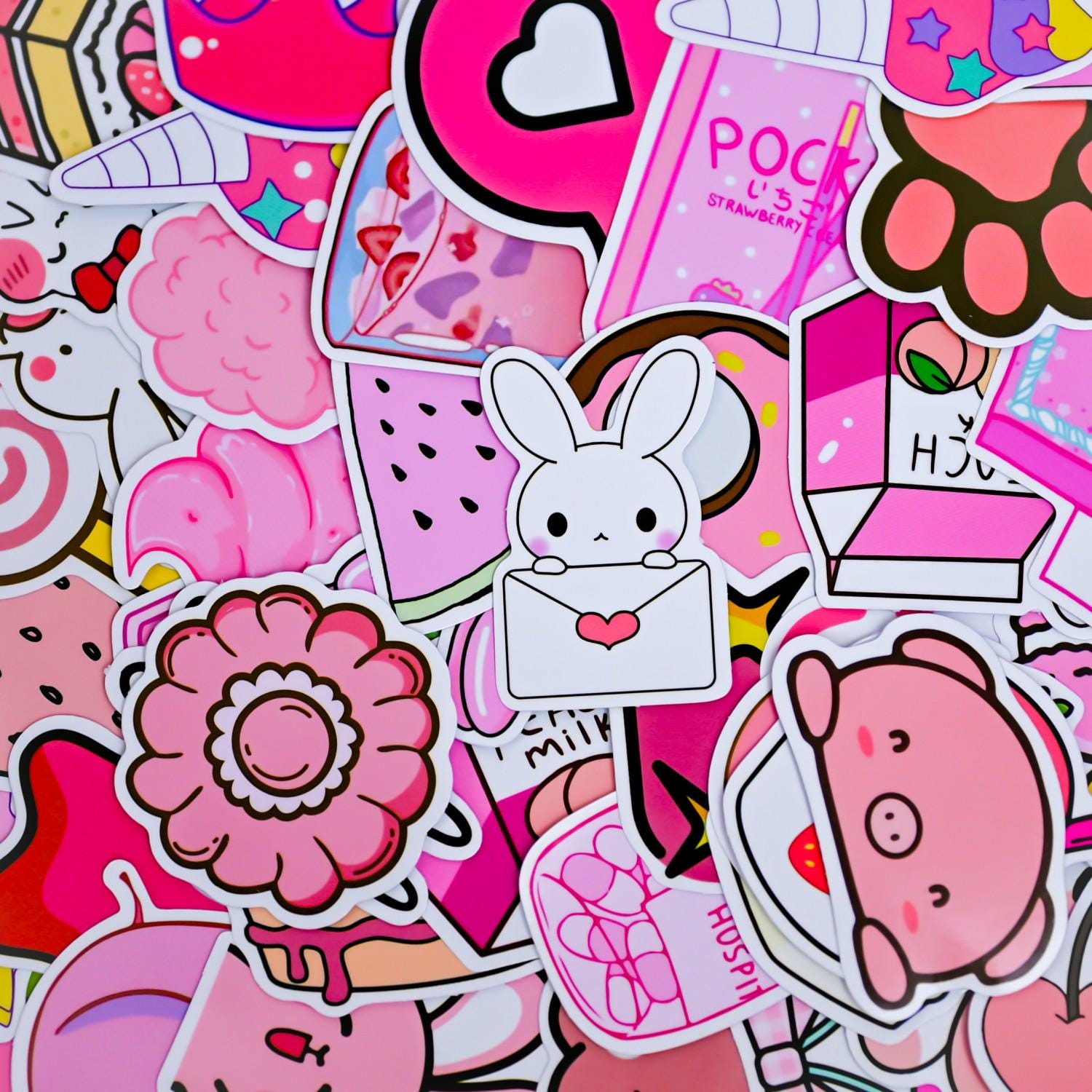 50pcs Cute Pink Stickers Pack, Kawaii Strawberry and Bunny Waterproof ...
