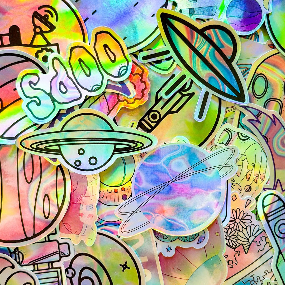 50PCS Holographic Space Alien Stickers Pack, Mysterious UFO Planet ...